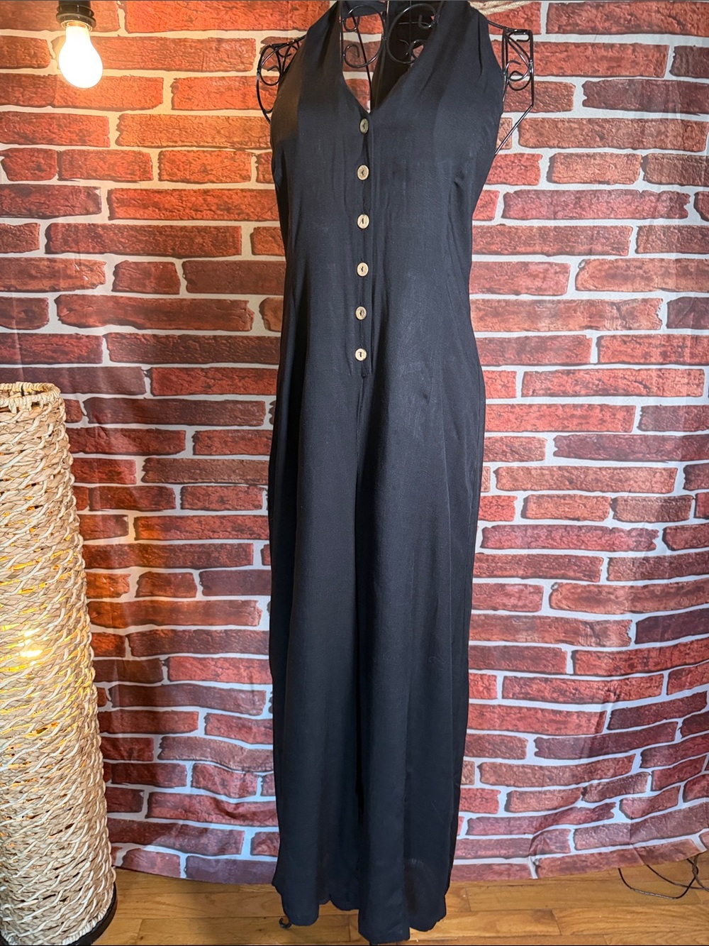 👖 ODDY Sleeveless Button-Front Jumpsuit & Smocked Back — Black — Sz L